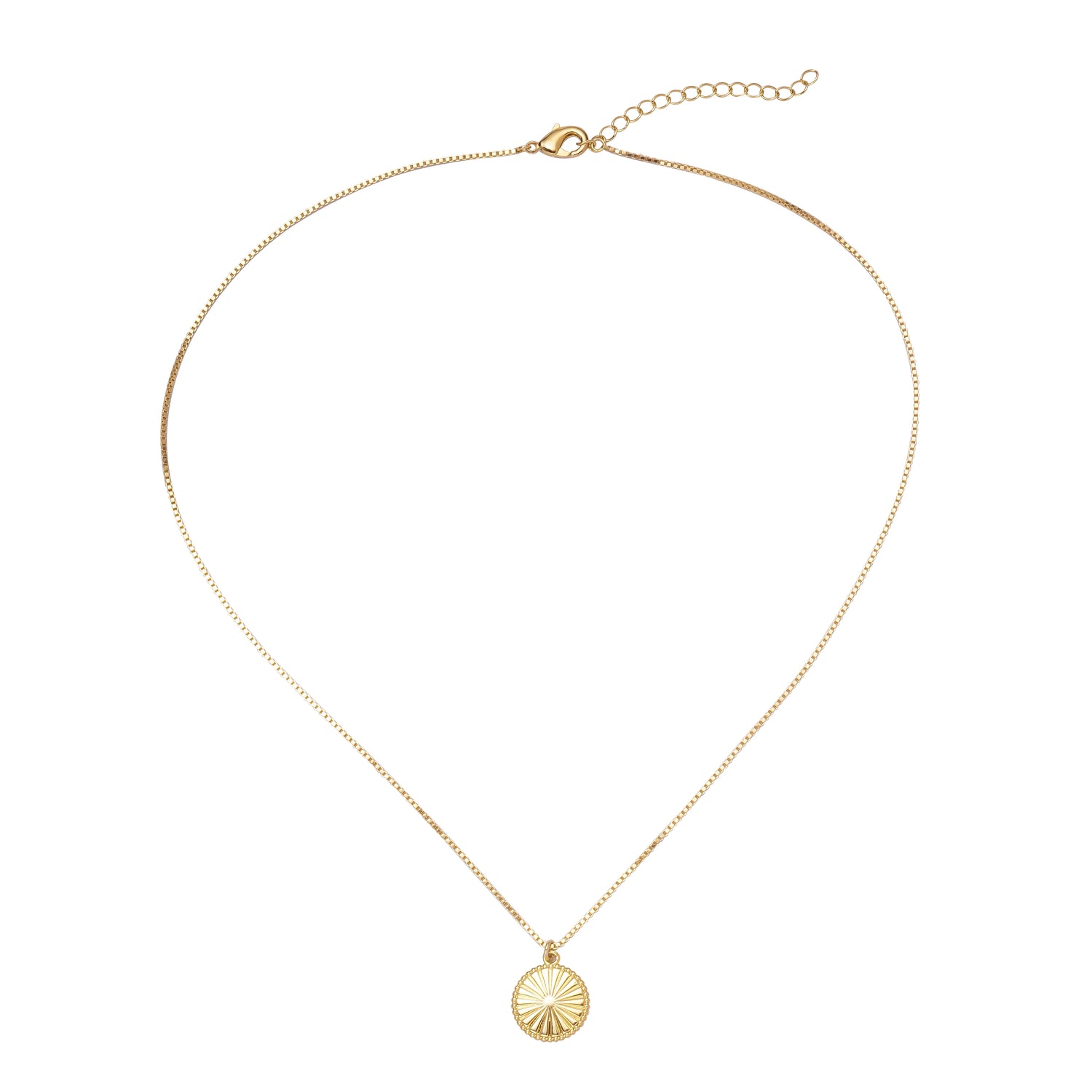 Full Shot of Noble Pendant Necklace in 18K Gold Plating Featuring an Engraved Sunburst Circular Pendant with Beaded Border on a Fine Box Chain | Burren Jewellery