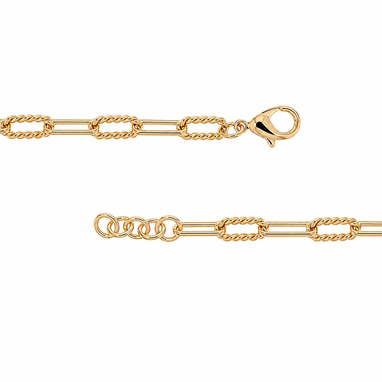 A close-up of Old Record 18K Plated mixed link chain bracelet showing two link styles: elongated bar links and twisted rope links, with a lobster clasp on a plain white background.
