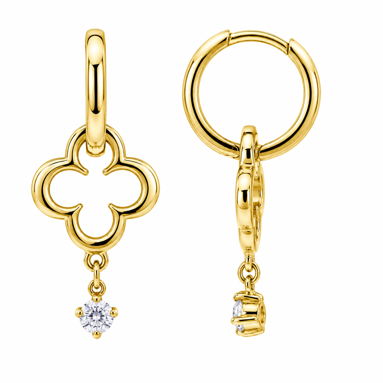Front and Side shot of the Presence Earrings in 18K Gold Plating Featuring Open Clover Charms and Cubic Zirconia Drops | Burren Jewellery
