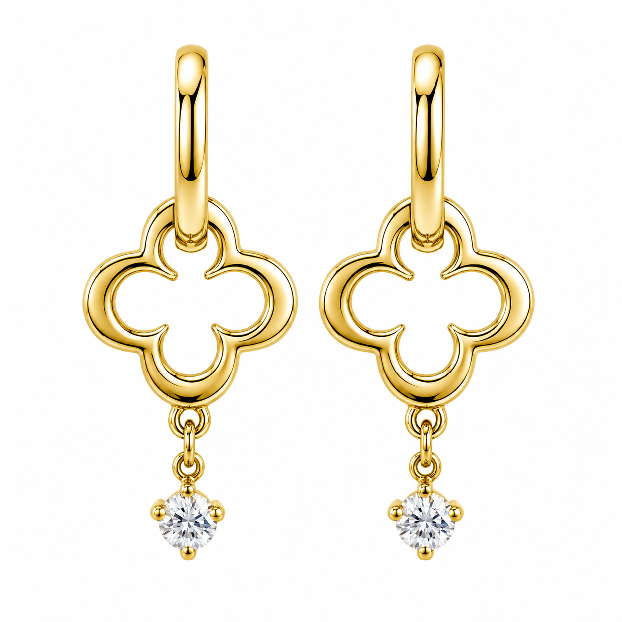 Presence Earrings in 18K Gold Plating Featuring Open Clover Charms and Cubic Zirconia Drops | Burren Jewellery