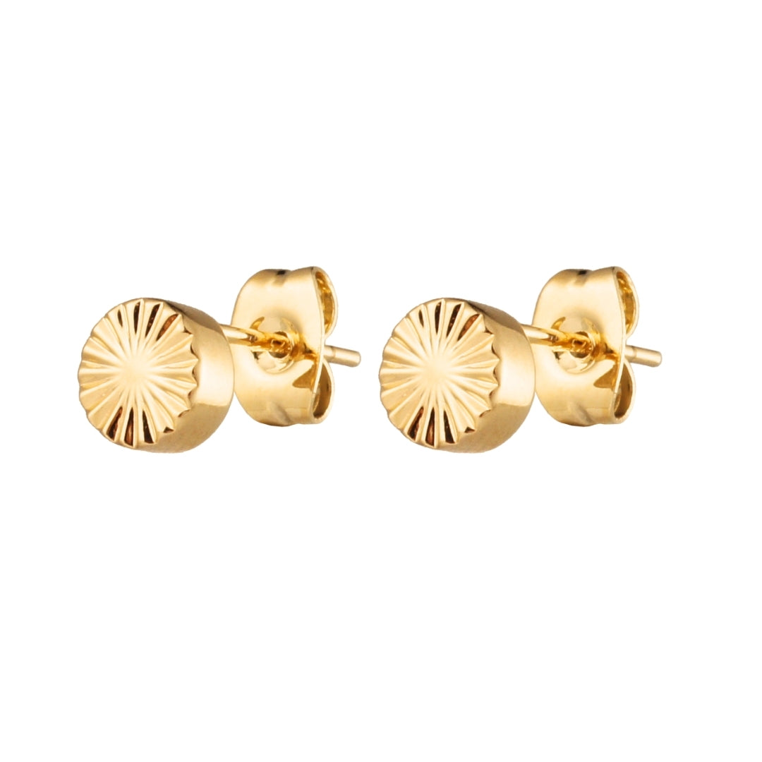 Side shot of Radiance Earrings in 18K Gold Plating Featuring Engraved Sunburst Round Studs | Burren Jewellery
