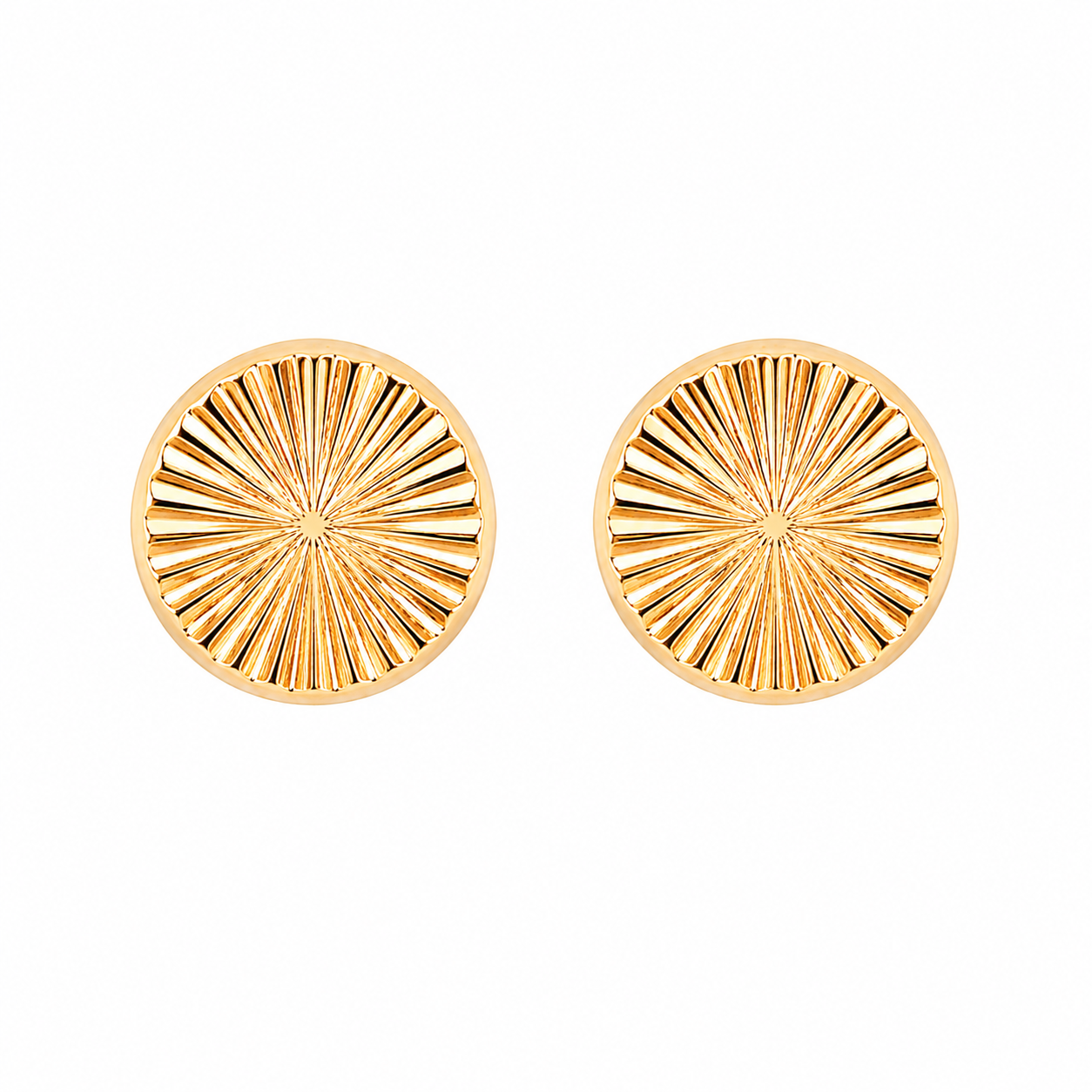 Front shot of the Radiance Earrings in 18K Gold Plating Featuring Engraved Sunburst Round Studs | Burren Jewellery

