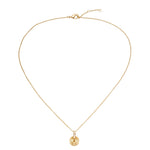 Wide shot of the Radiance Pendant Necklace in 18K Gold Plating Featuring an Engraved Sunburst Pendant with Pavé Crystal Bail in a white background | Burren Jewellery
