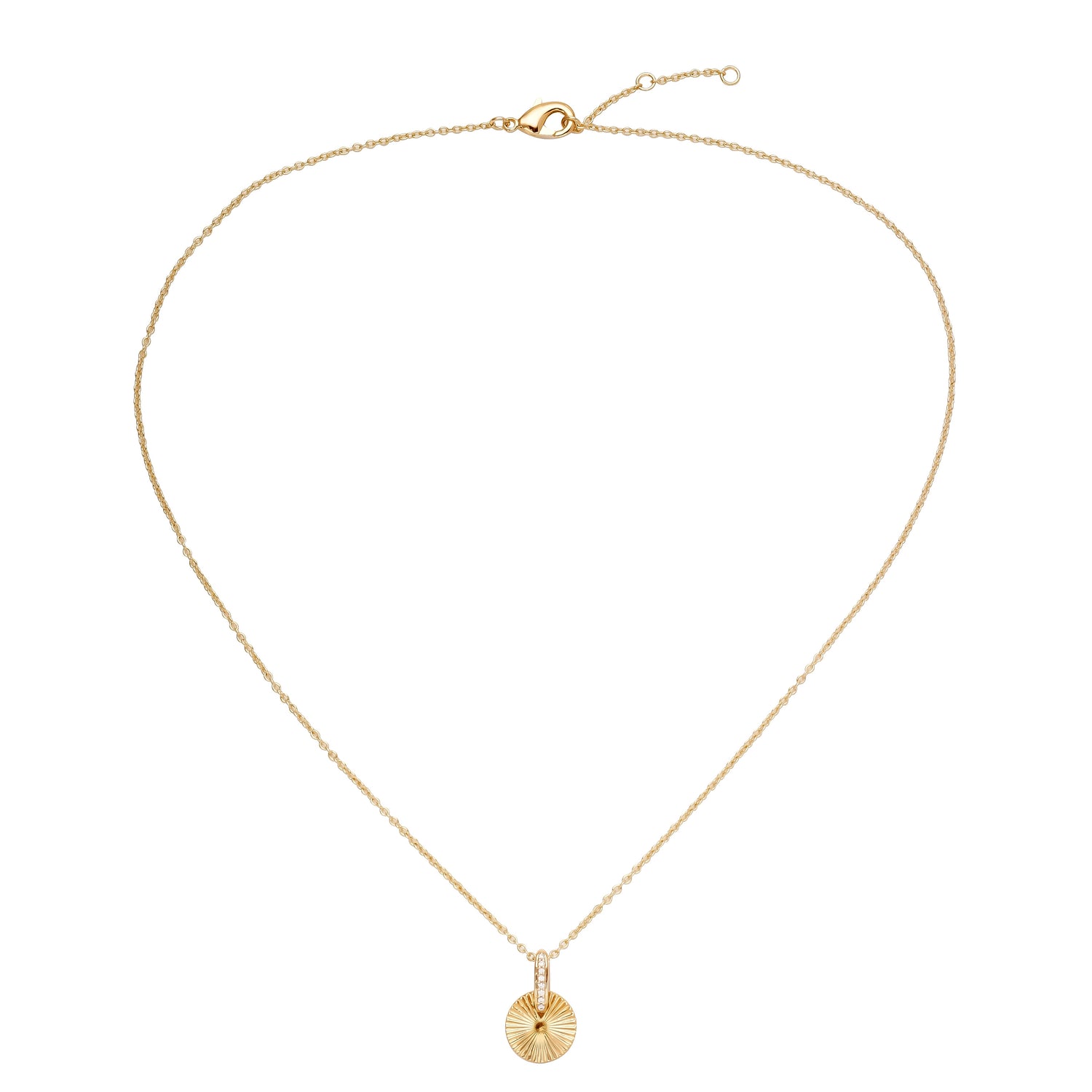 Wide shot of the Radiance Pendant Necklace in 18K Gold Plating Featuring an Engraved Sunburst Pendant with Pavé Crystal Bail in a white background | Burren Jewellery
