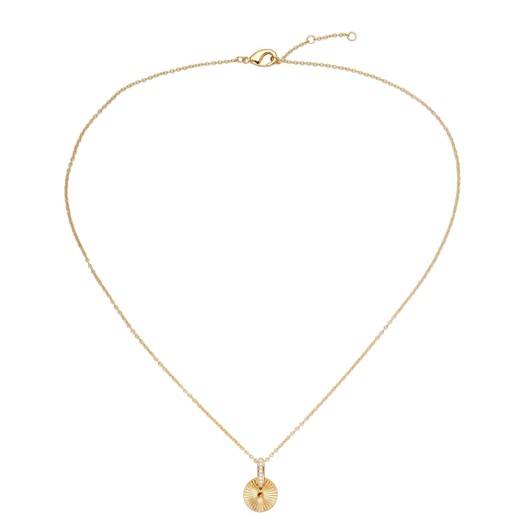 Wide shot of the Radiance Pendant Necklace in 18K Gold Plating Featuring an Engraved Sunburst Pendant with Pavé Crystal Bail in a white background | Burren Jewellery
