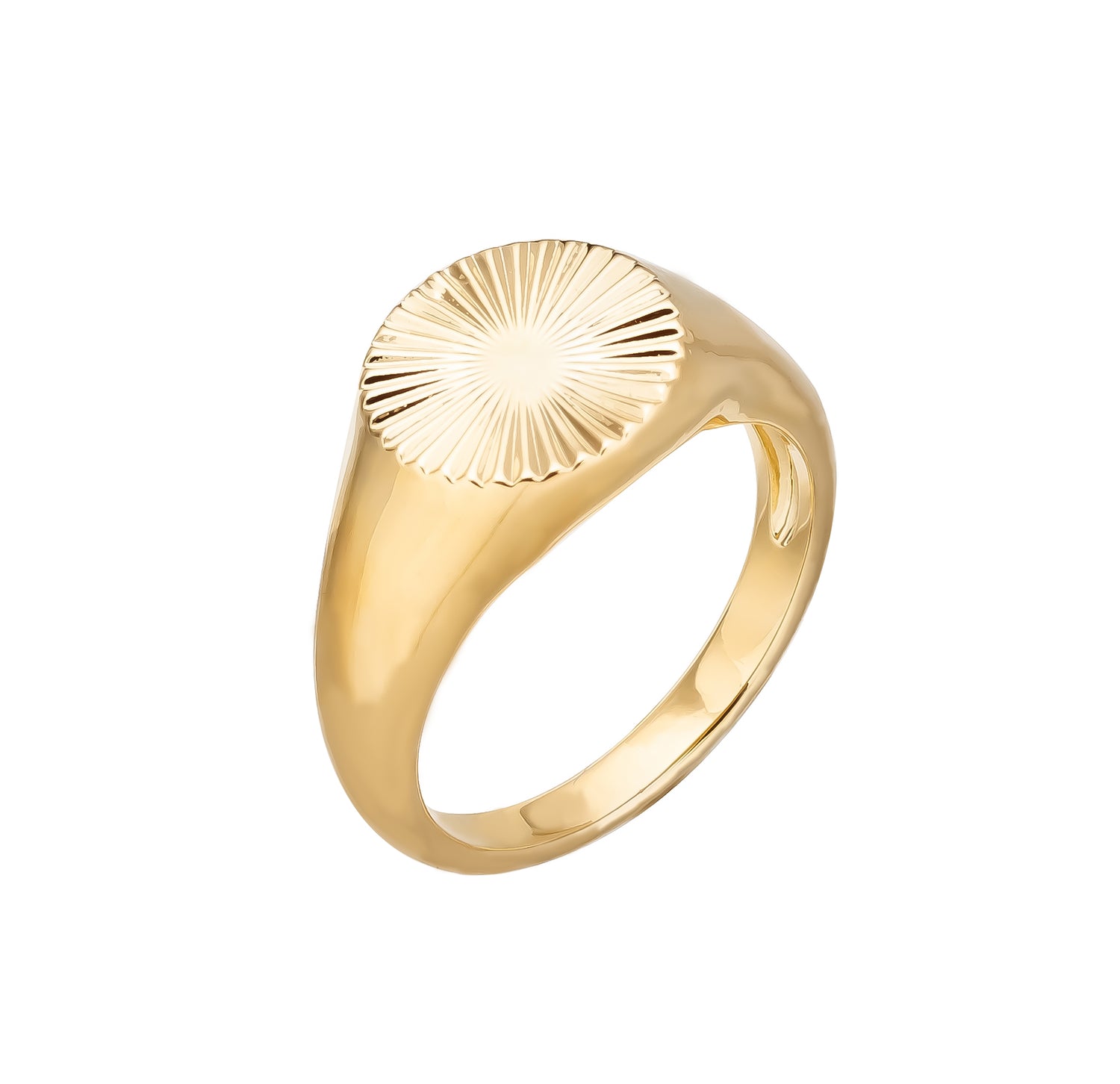 Radiance Ring in 18K Gold Plating Featuring a Classic Signet Design with an Engraved Sunburst Motif | Burren Jewellery