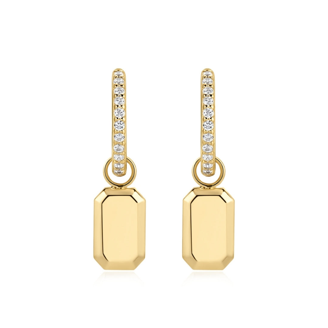 Replenish Life Earrings in 18K Gold Plating with Pavé Cubic Zirconia Huggie Hoops and Removable Polished Tag Charms | Burren Jewellery
