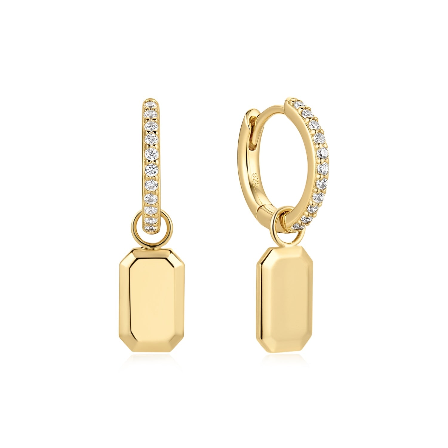 Replenish Life Earrings in 18K Gold Plating with Pavé Cubic Zirconia Huggie Hoops and Removable Polished Tag Charms with a vertical bar studded with small clear stones and a polished rectangular drop pendant, shown on a white background.| Burren Jewellery