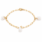 Sea Satin gold plated bracelet, three baroque natural pearls on a paperclip chain with pavé bails