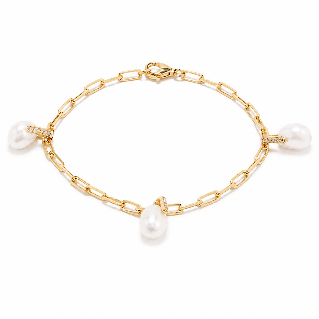 Sea Satin gold plated bracelet, three baroque natural pearls on a paperclip chain with pavé bails