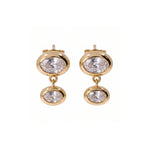 A pair of gold drop earrings with marquise-cut clear gemstones, shown against a plain white background.