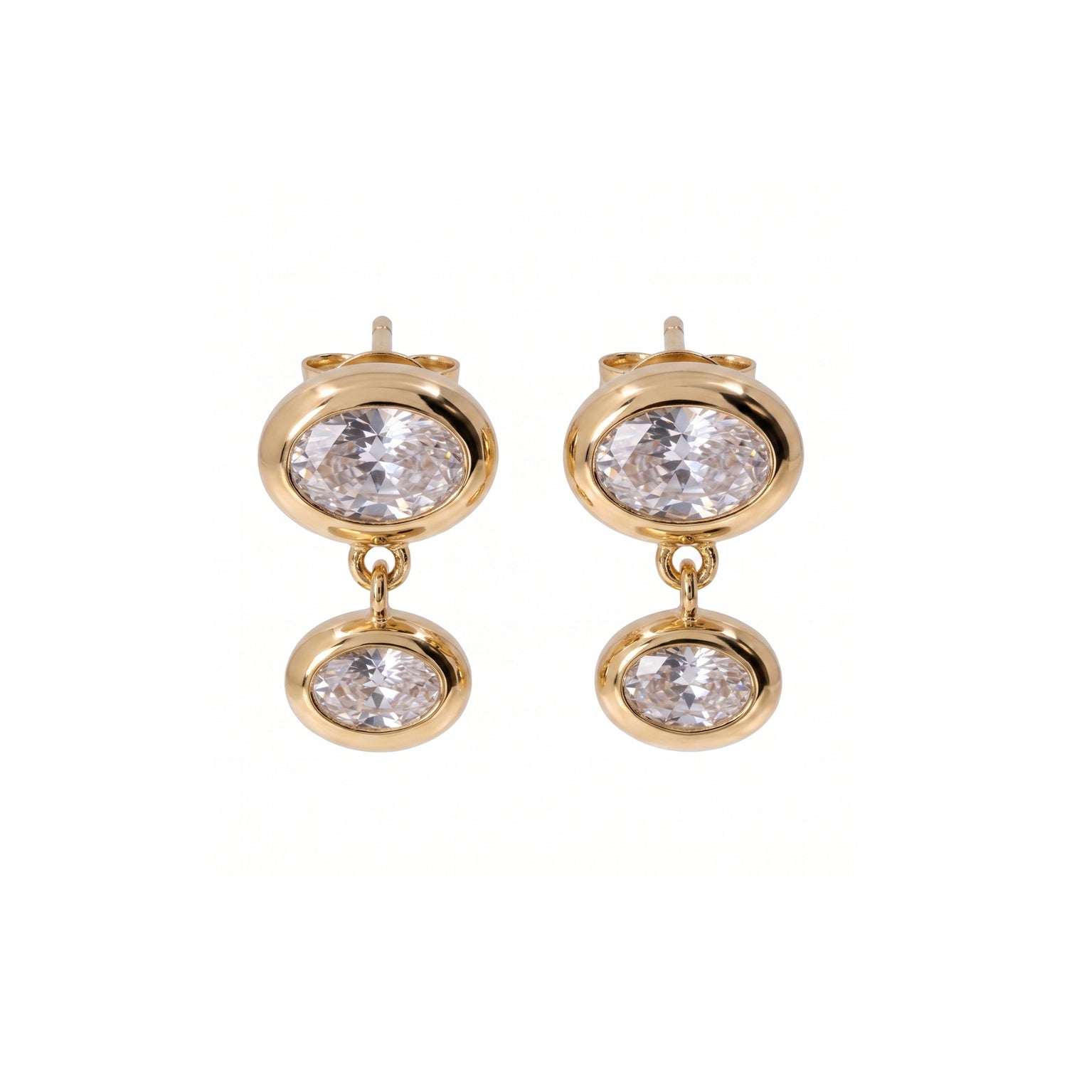 A pair of gold drop earrings with marquise-cut clear gemstones, shown against a plain white background.