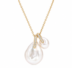 Soft Current gold plated necklace, two pearls clustered on pavé-set bails
