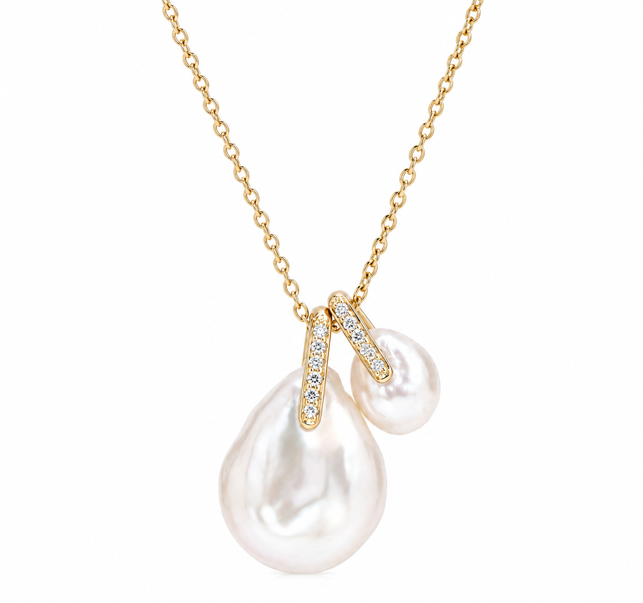 Soft Current gold plated necklace, two pearls clustered on pavé-set bails