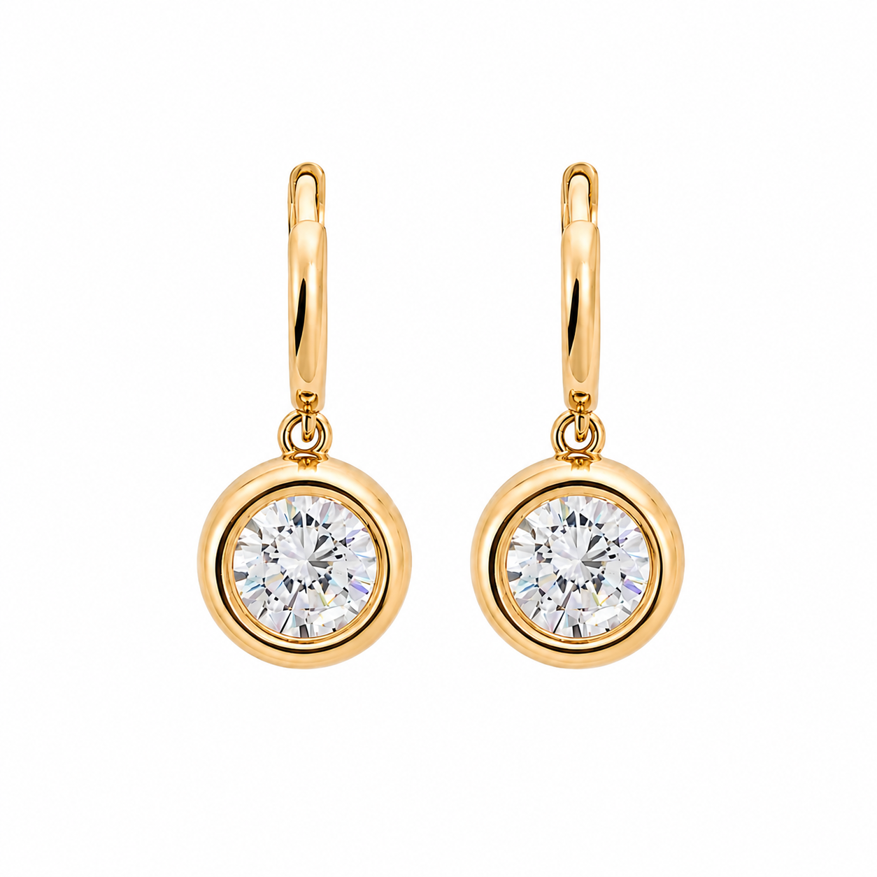 Sole Huggies in 18K Gold Plating Featuring Bezel-Set Round Cubic Zirconia Drop Earrings | Burren Jewellery