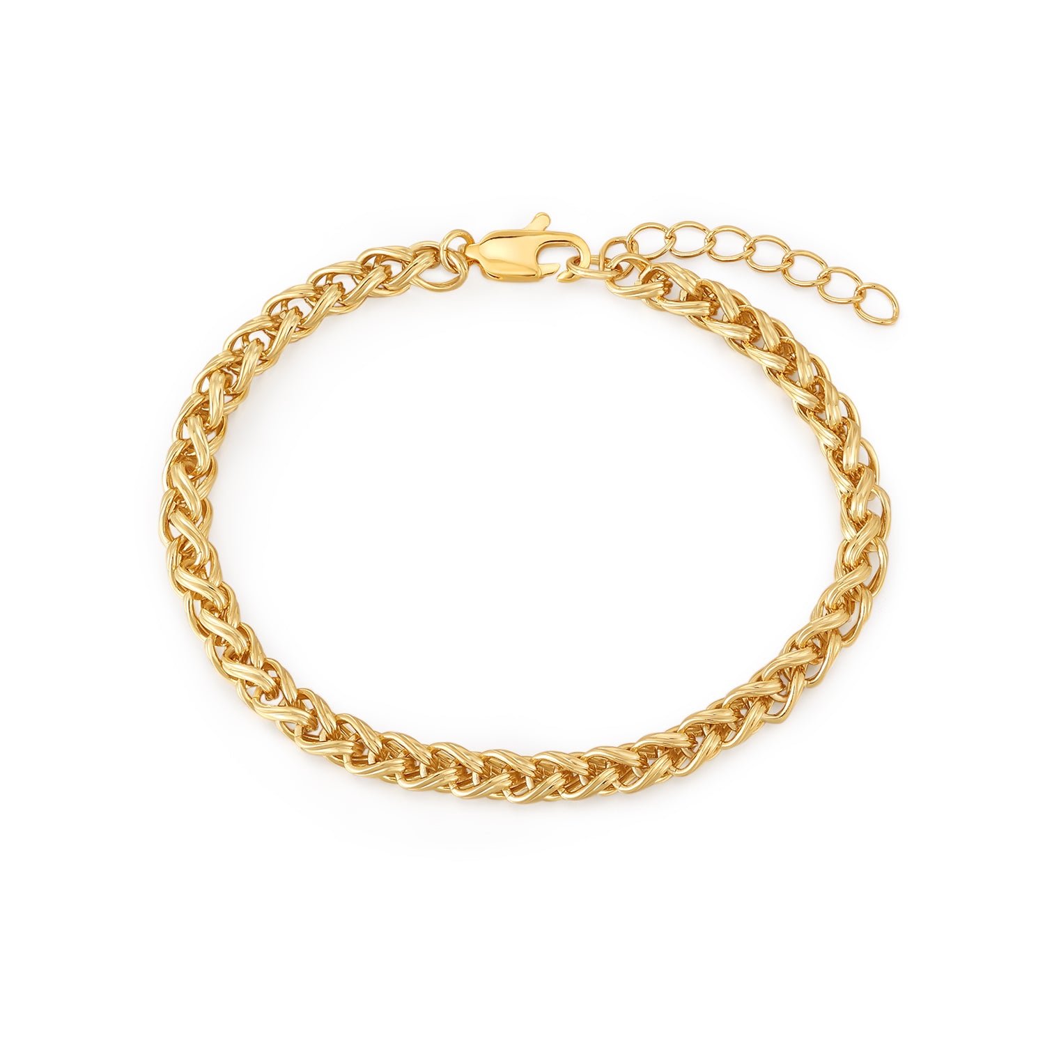 Sweet Echo gold plated wheat chain bracelet laid flat, showing the clasp and extender chain