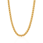 A close-up of a plated gold braided chain necklace, shown curving downward against a clean white background with a subtle reflection.