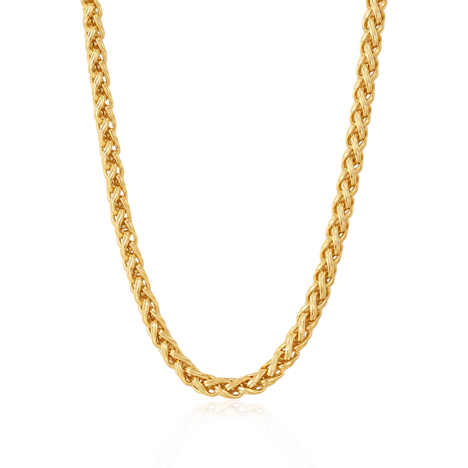 A close-up of a plated gold braided chain necklace, shown curving downward against a clean white background with a subtle reflection.