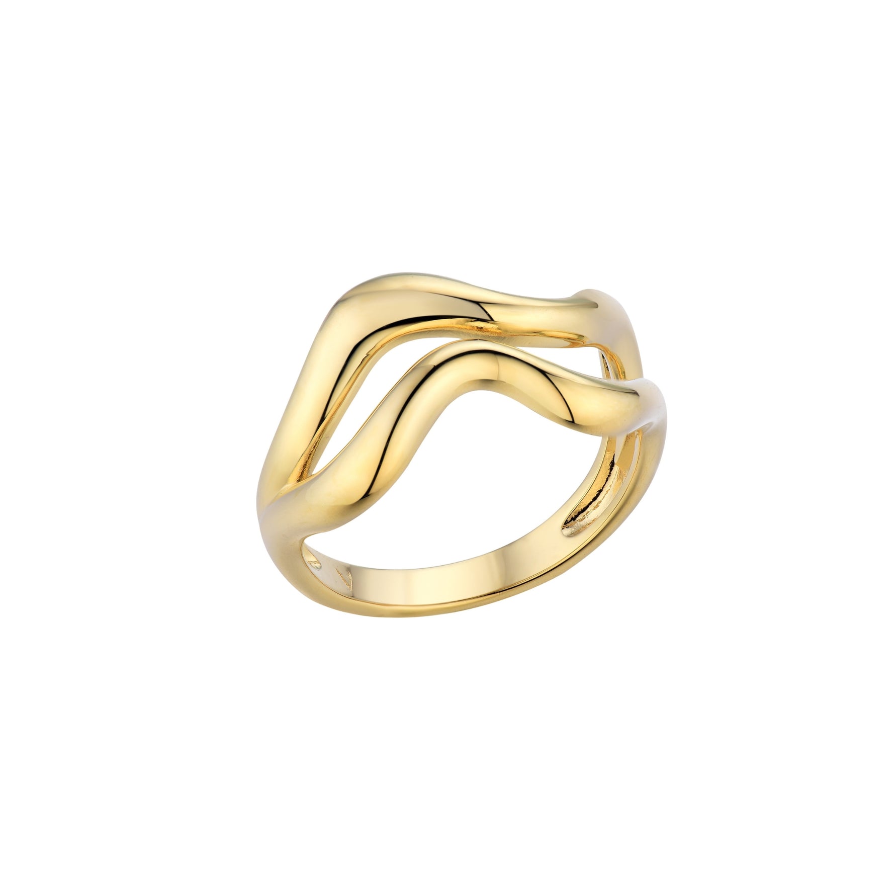 Sweet Peach gold plated ring, two wavy layers crossing over a single polished band