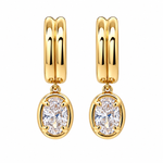 Timeless Solitaire Earrings in 18K Gold Plating Featuring Oval-Cut Cubic Zirconia Drop Charms on Polished Huggie Hoops | Burren Jewellery