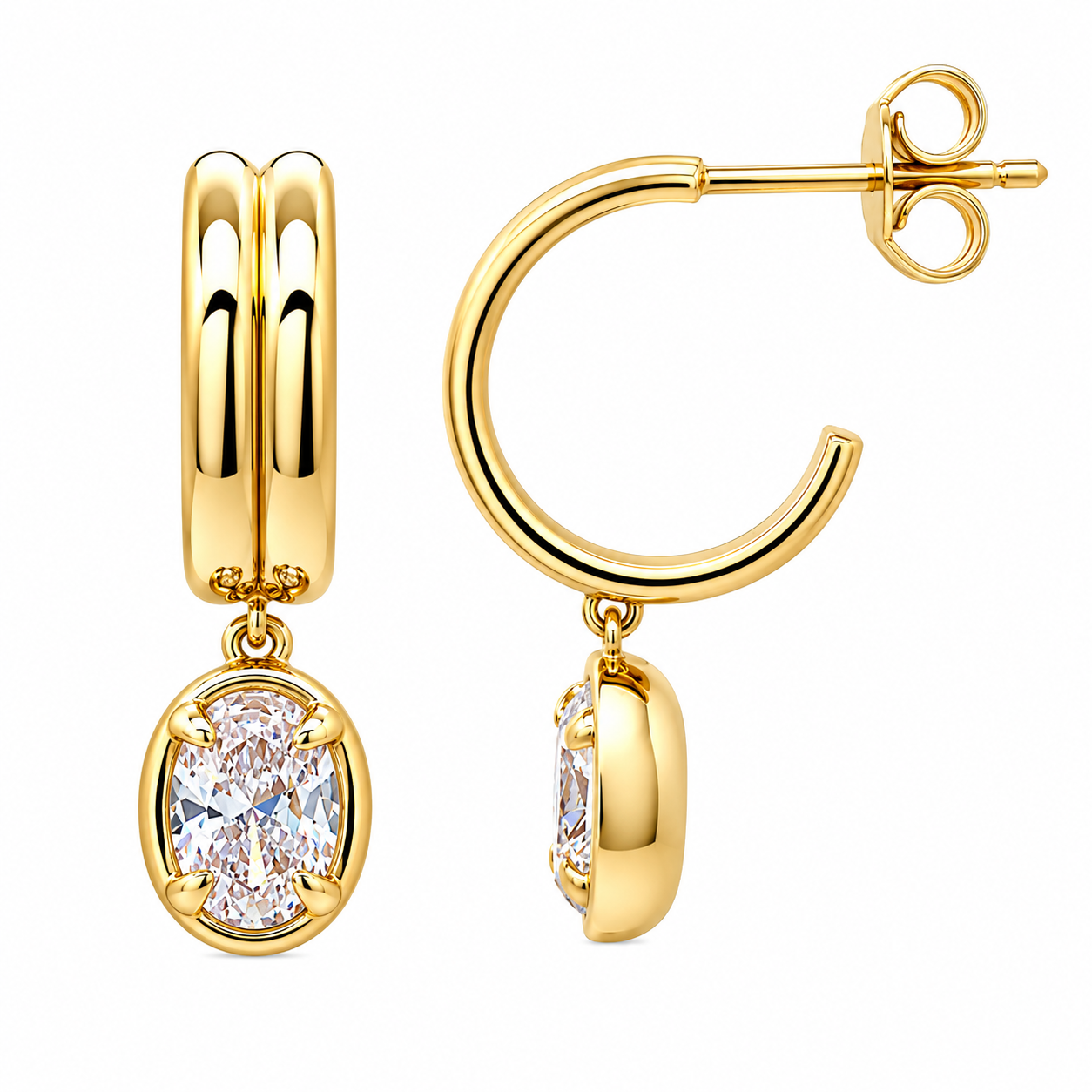 Timeless Solitaire Earrings in 18K Gold Plating Featuring Oval-Cut Cubic Zirconia Drop Charms on Polished Huggie Hoops. One earring is shown from the front, and the other is shown from the side/back to display the post and butterfly clasp.