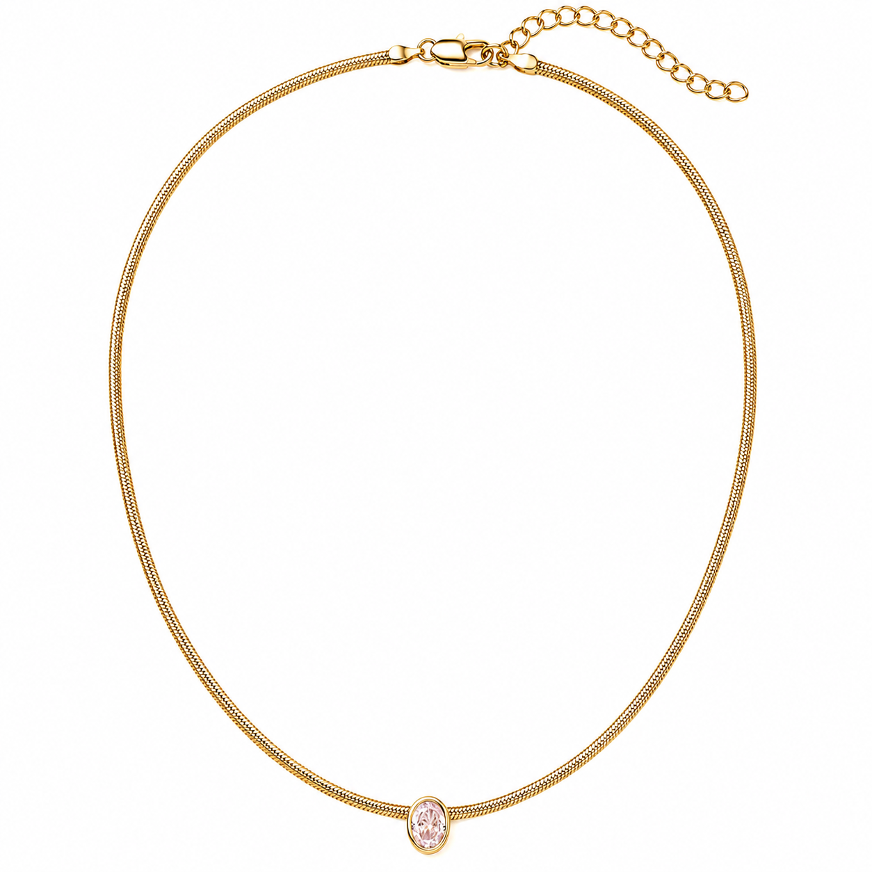 A gold-toned snake chain necklace with a small oval pink gemstone pendant, displayed on a clean white background.