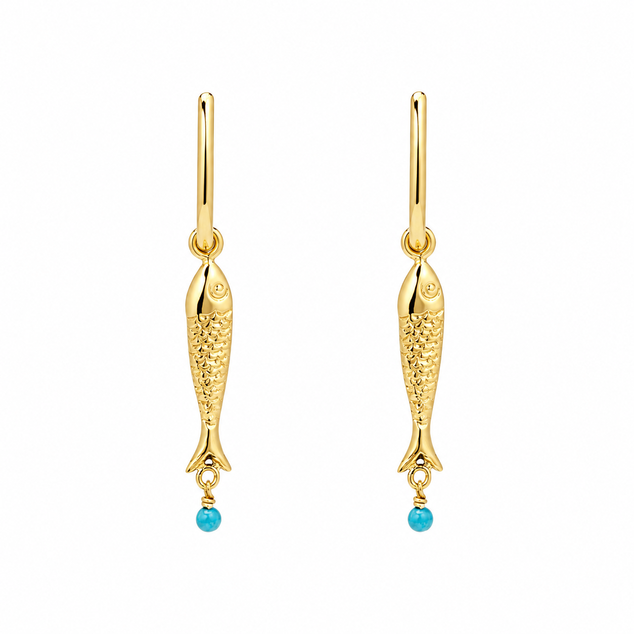 Under the Sea 18K Gold Plated Fish Drop Earrings with Turquoise Beads | Burren Jewellery