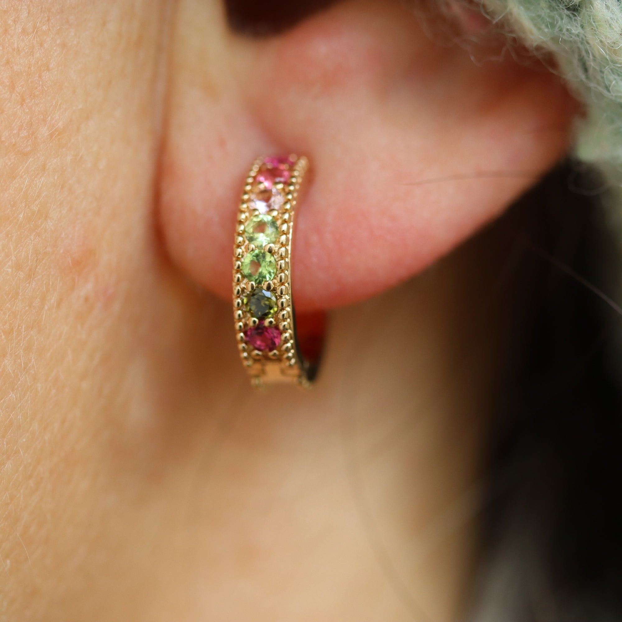 Burren jewellery gold huggie earrings colourful
