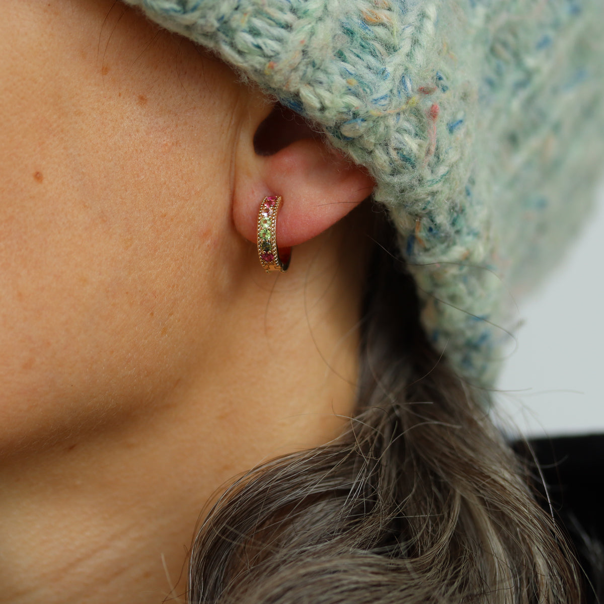 burren jewellery 18k gold multi colored stone huggie earring
