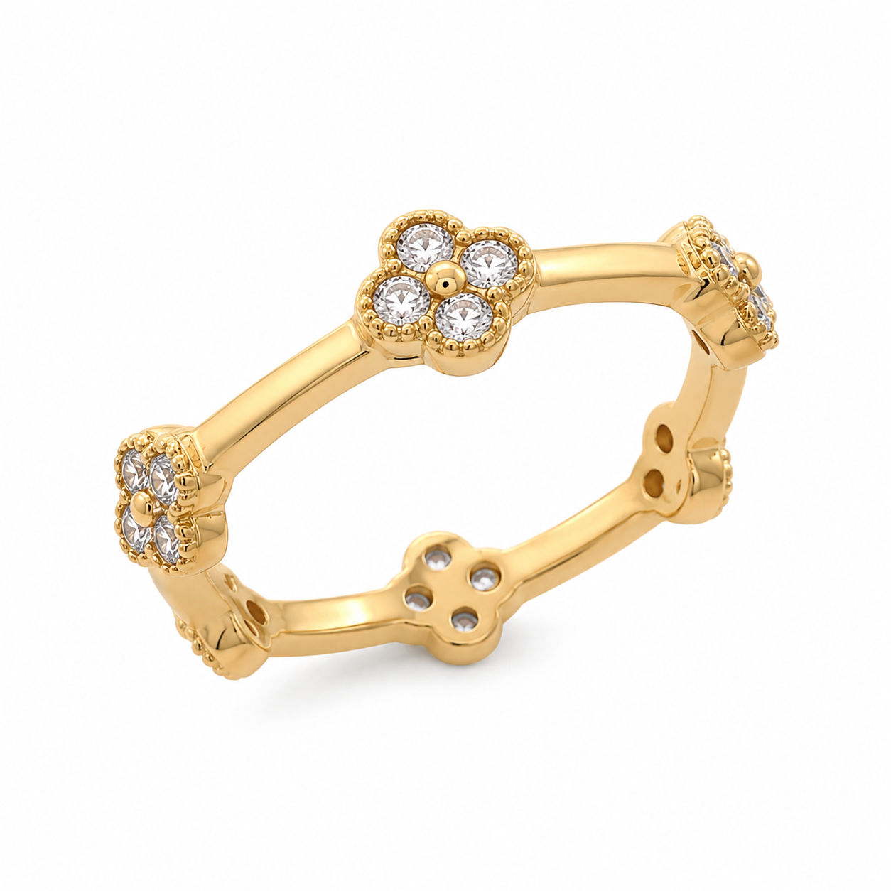 Blossom Eternity Ring in 18K Gold Plating Featuring White Cubic Zirconia Quatrefoil Floral Motifs | Burren Jewellery