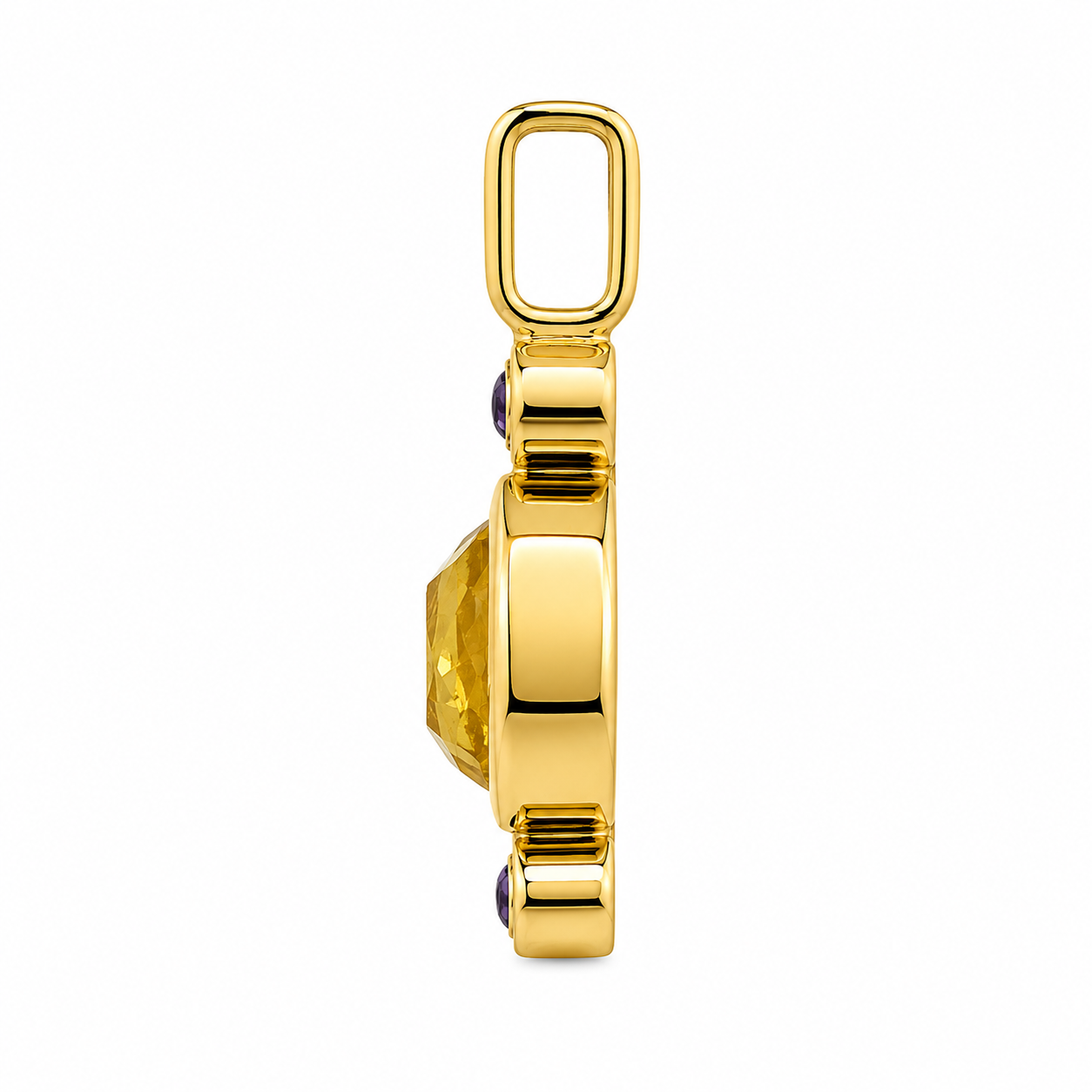 Side View of Lingering Light Pendant in 18K Gold Plating Featuring an Oval Citrine-Coloured Cubic Zirconia with Round Amethyst-Coloured Cubic Zirconia Accents | Burren Jewellery