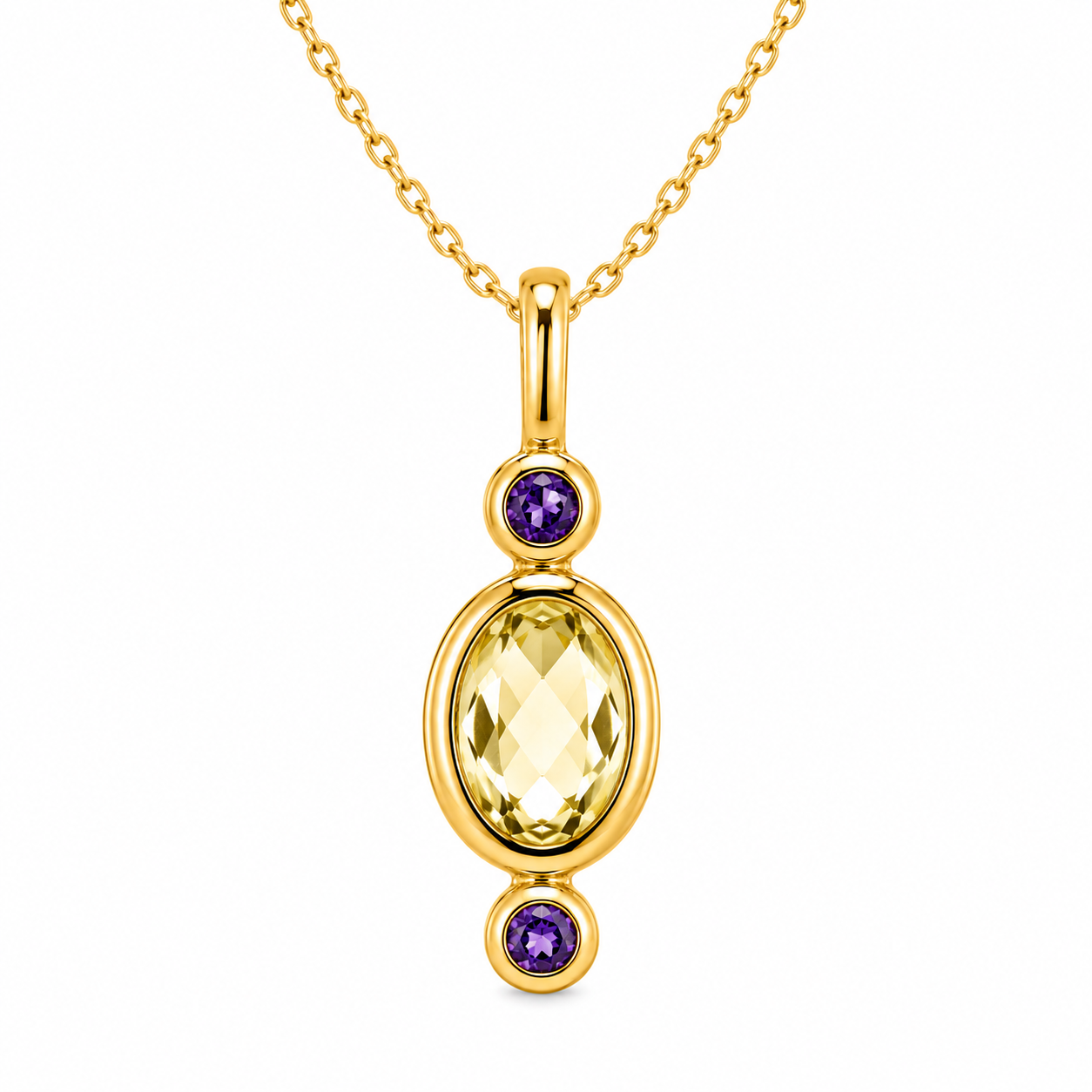 Lingering Light Pendant in 18K Gold Plating Featuring an Oval Citrine-Coloured Cubic Zirconia with Round Amethyst-Coloured Cubic Zirconia Accents | Burren Jewellery