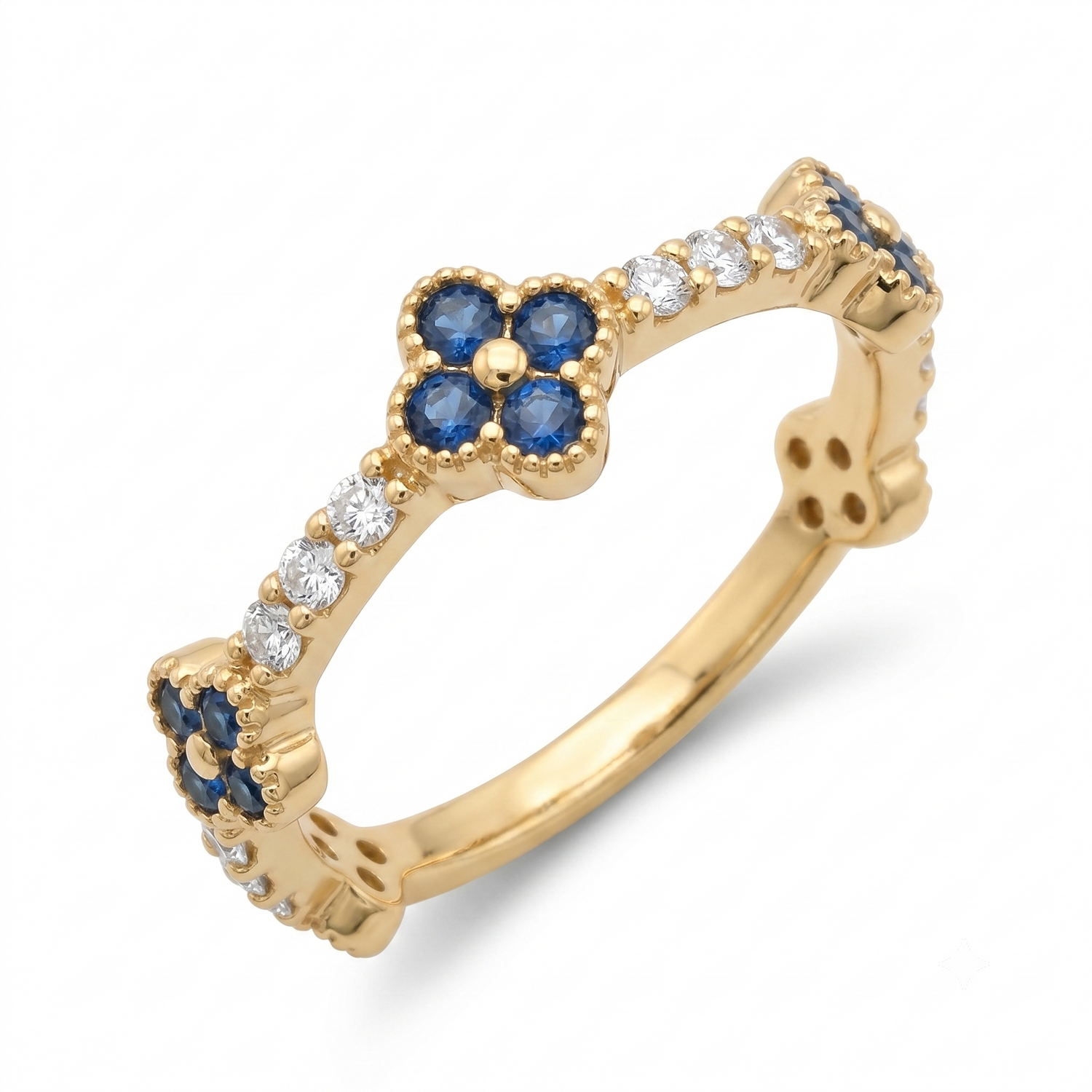 Tropical Blossom Ring in 18K Gold Plating Featuring Blue Quatrefoil Cubic Zirconia Motifs with White Pavé Cubic Zirconia Accents | Burren Jewellery