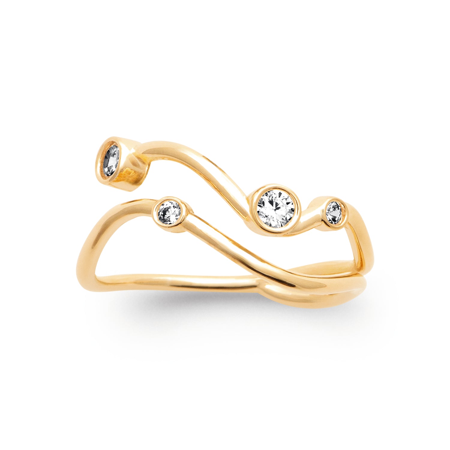 Drifting Light Ring in 18K Gold Plating featuring an open flowing band with bezel-set cubic zirconia stones | Burren Jewellery