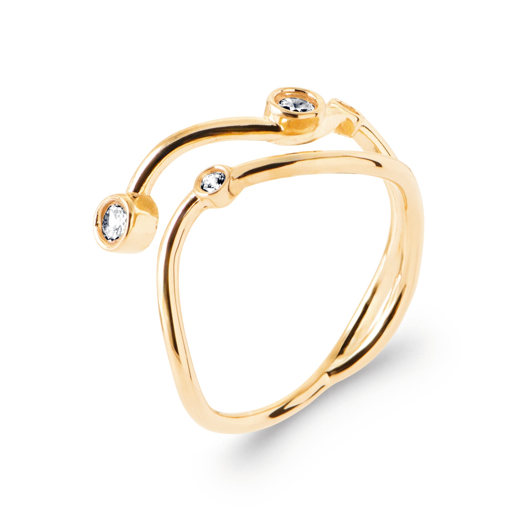 Drifting Light Ring in 18K Gold Plating featuring an open flowing band with bezel-set cubic zirconia stones | Burren Jewellery