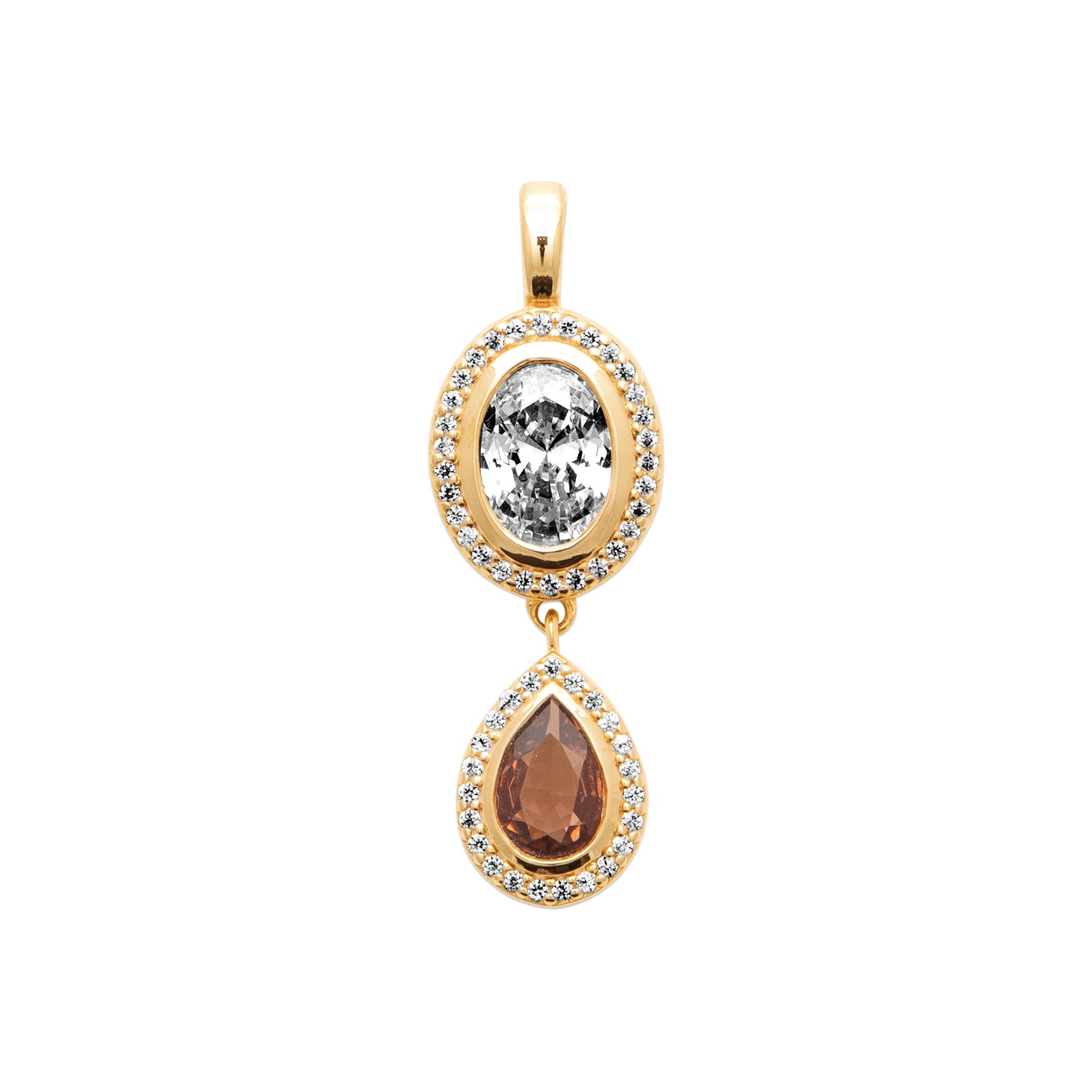 A gold pendant featuring an oval-cut clear gemstone surrounded by small clear stones, with a teardrop-shaped dusty rose gemstone below, also bordered by small clear stones, on a plain white background.