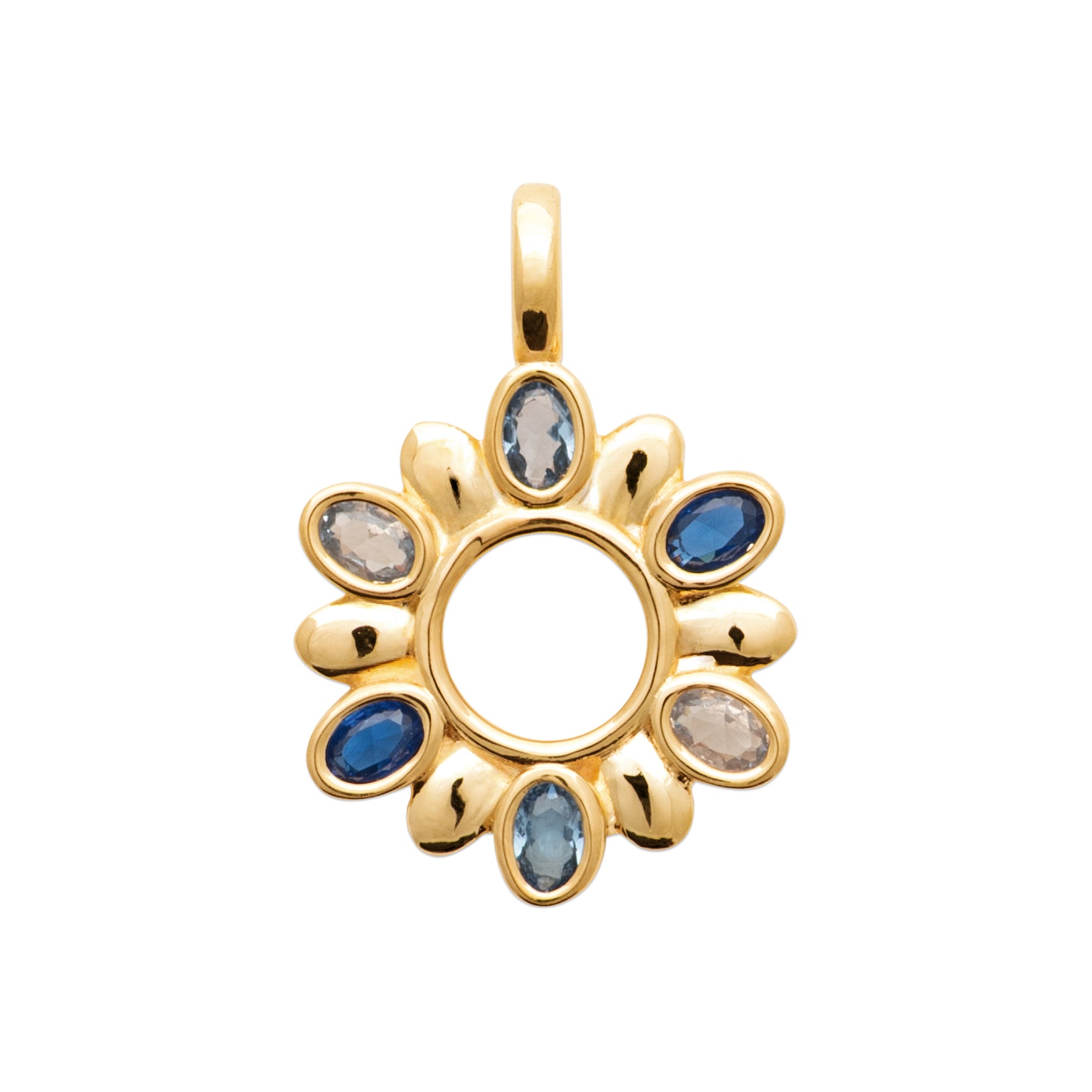 Gold pendant with blue gemstones on a white background