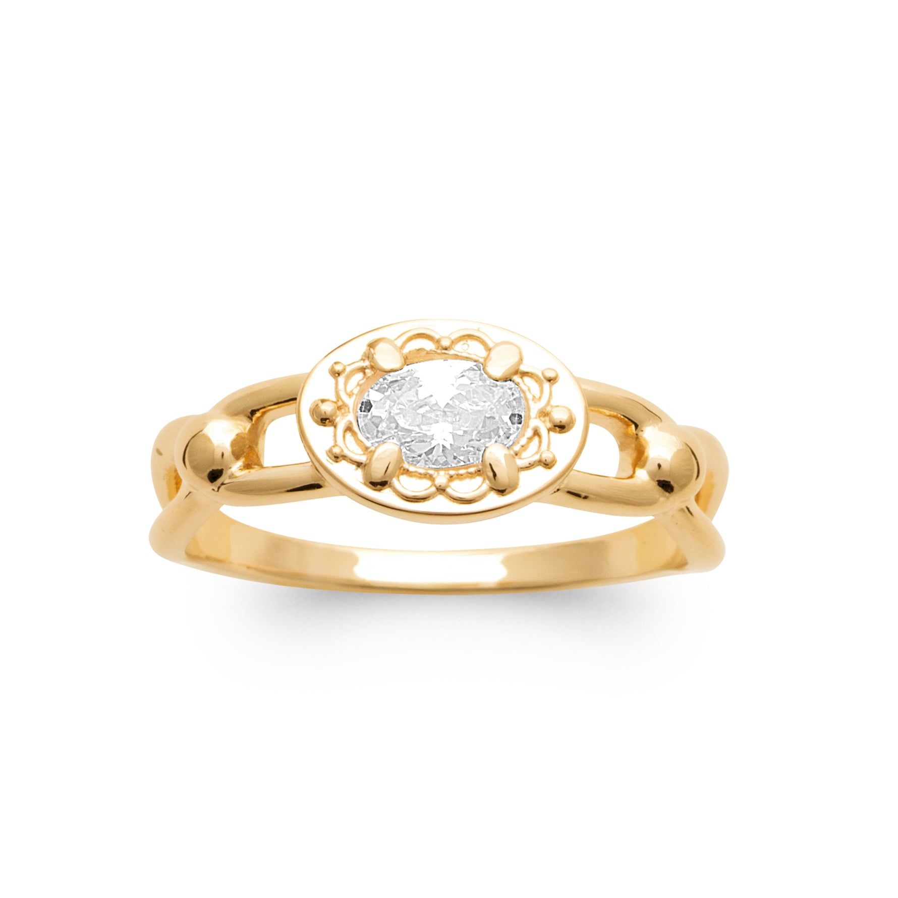 A yellow gold ring featuring an oval-cut clear gemstone in a decorative bezel setting, with a split band design, shown on a plain white background.