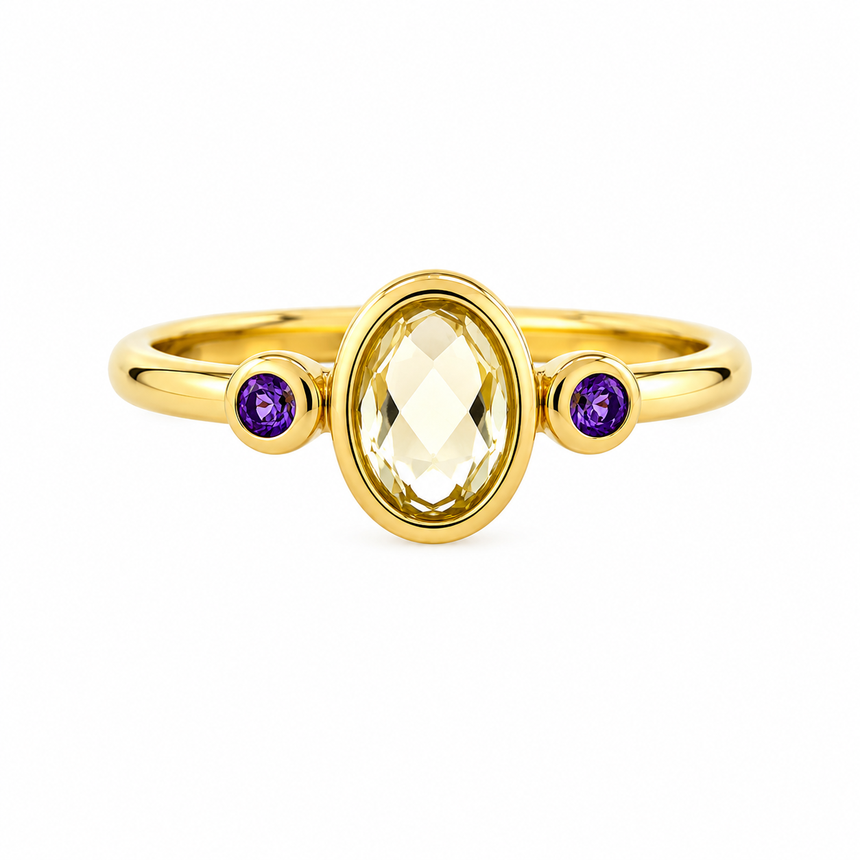 Lingering Light Ring in 18K Gold Plating Featuring an Oval Citrine-Coloured Cubic Zirconia with Round Amethyst-Coloured Cubic Zirconia Accents | Burren Jewellery