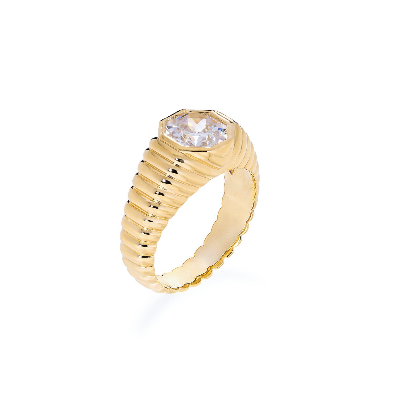 burren jewellery 18k gold plated ribbed chunky ring with octagonal shaped cz stone 