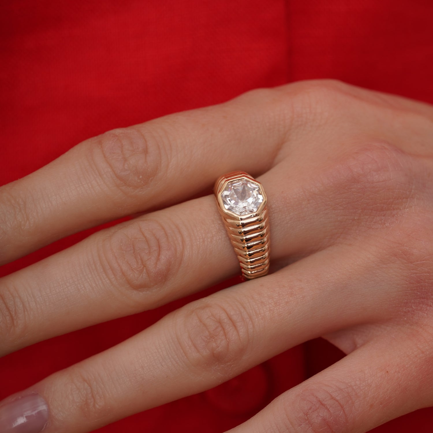 burren jewellery 18k gold plated ribbed chunky ring with octagonal shaped cz stone 