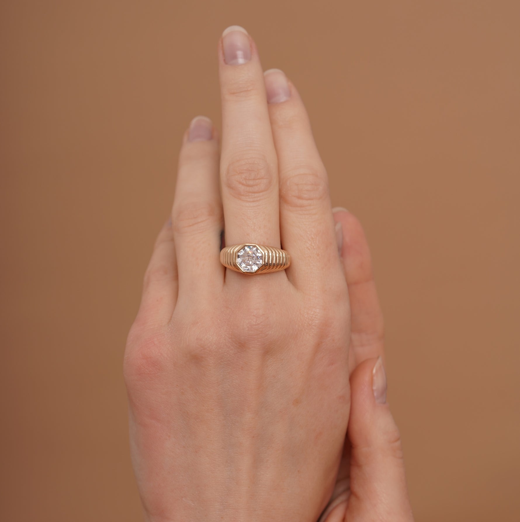 burren jewellery 18k gold plated ribbed chunky ring with octagonal shaped cz stone 