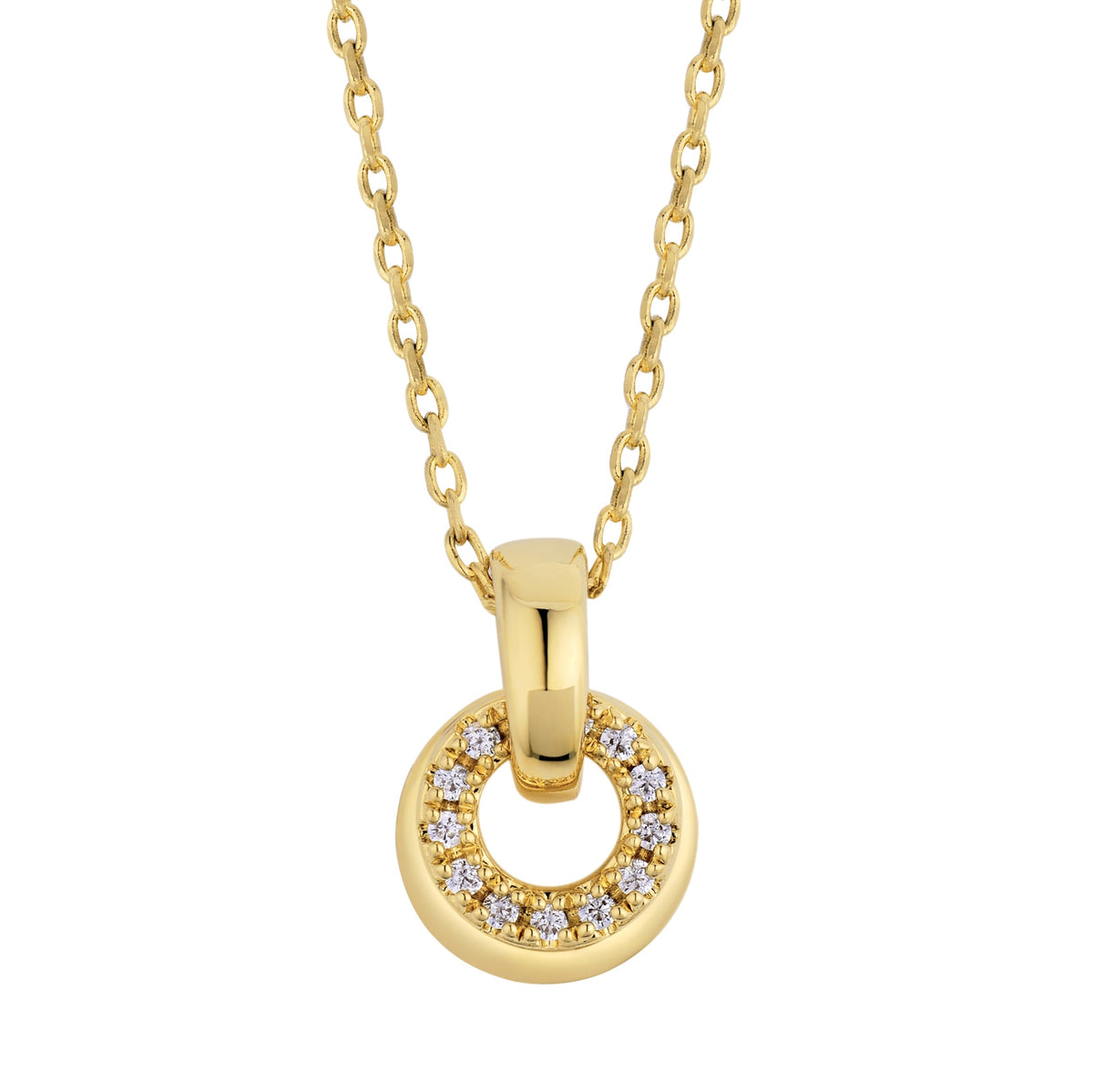 Gold necklace with a circular pendant featuring small cz stones 