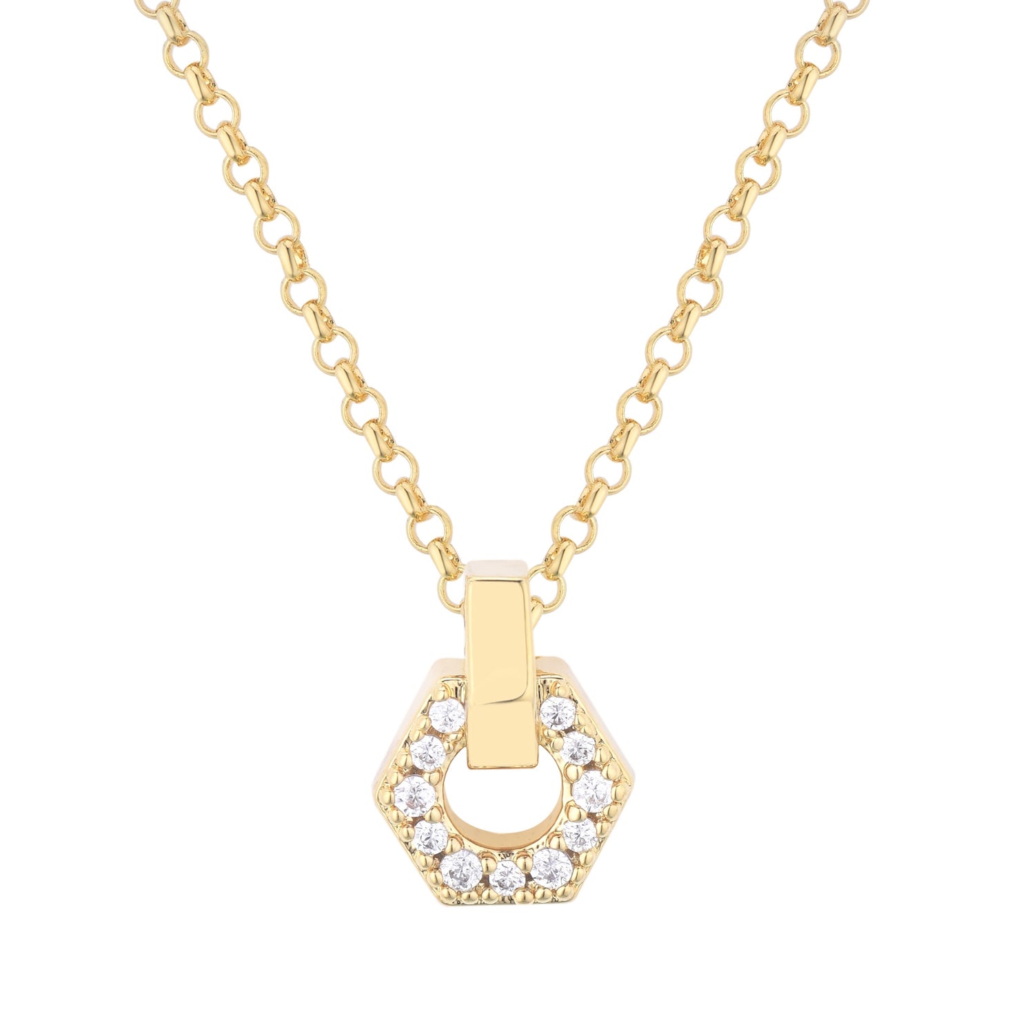 burren jewellery 18k gold plated hexagonal pendant necklace with cz stone detail 