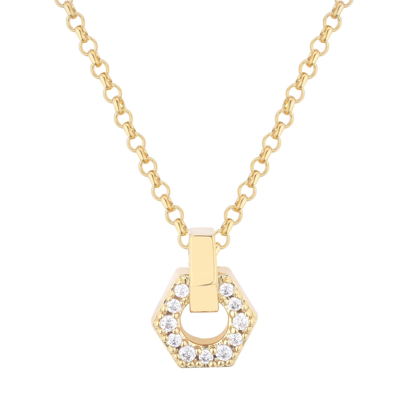 burren jewellery 18k gold plated hexagonal pendant necklace with cz stone detail 