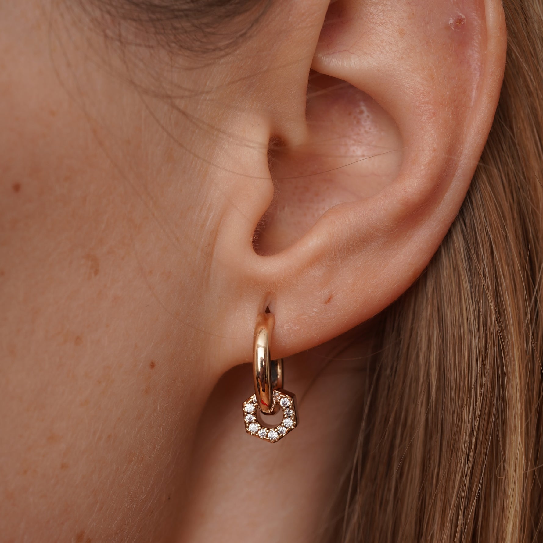 burren jewellery 18k gold plated hexagonal huggie earrings with cz stone detail 