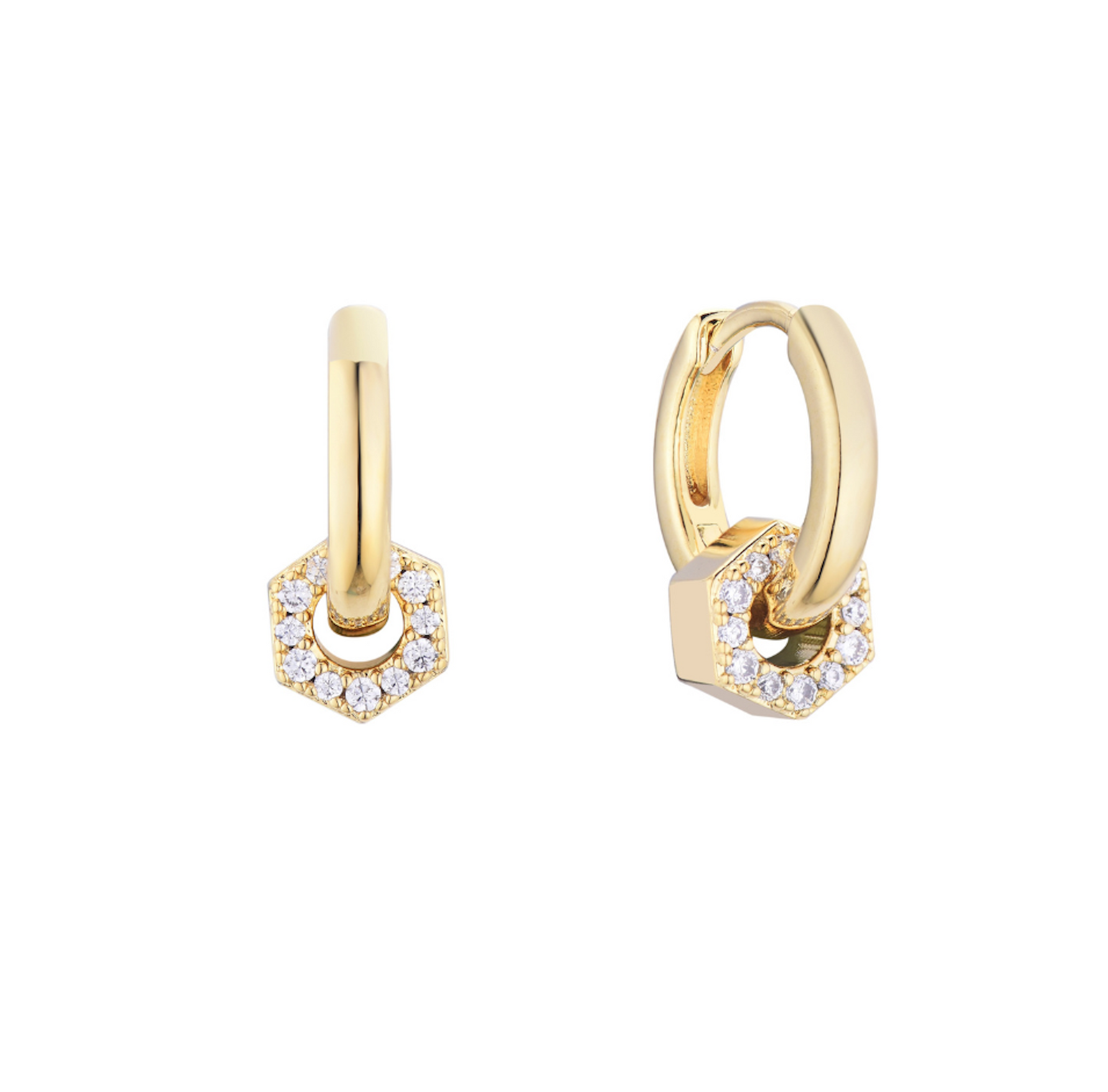 burren jewellery 18k gold plated hexagonal huggie earrings with cz stone detail 