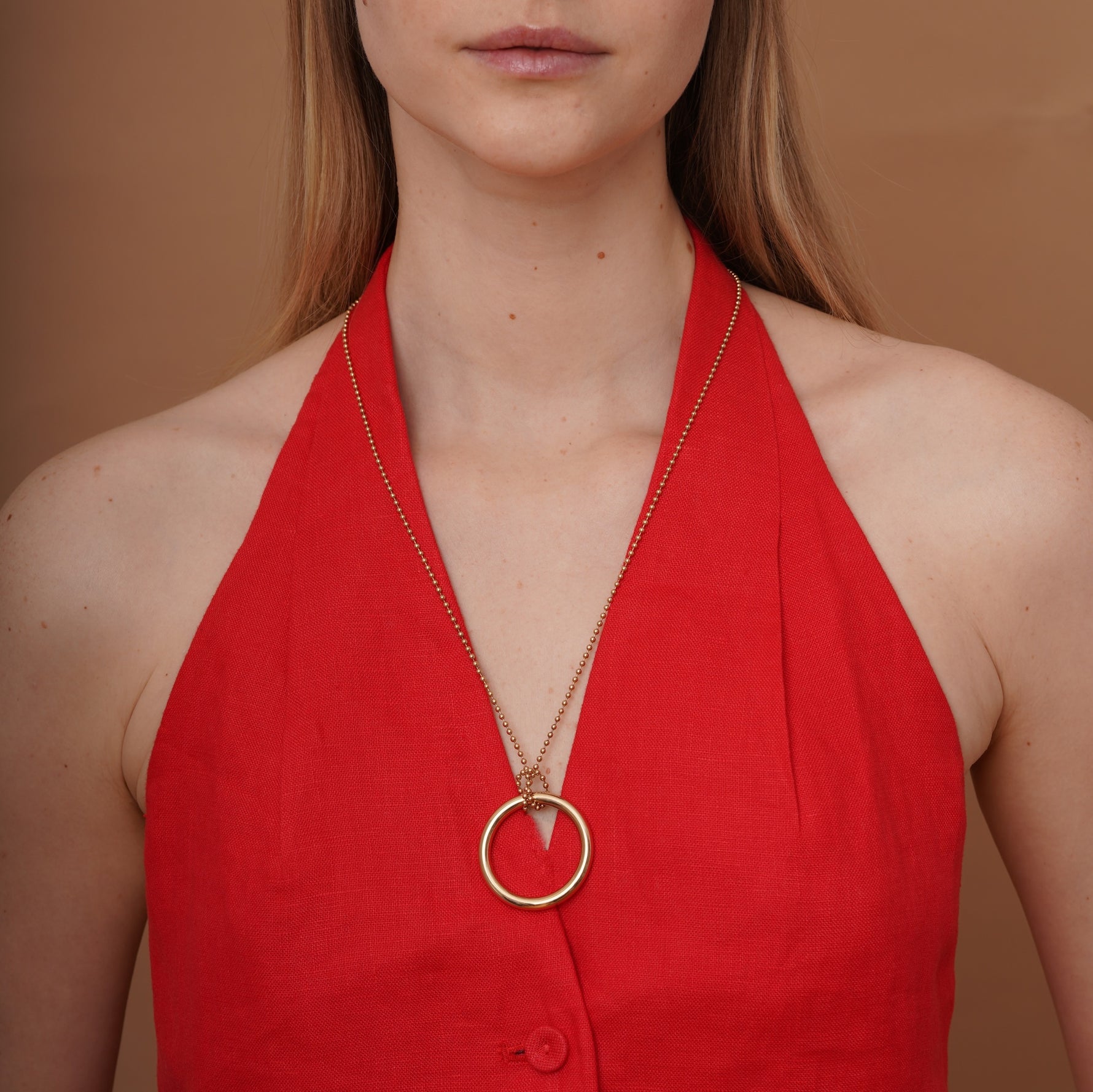 burren jewellery 18k gold plated large hoop pendant on a long chain 