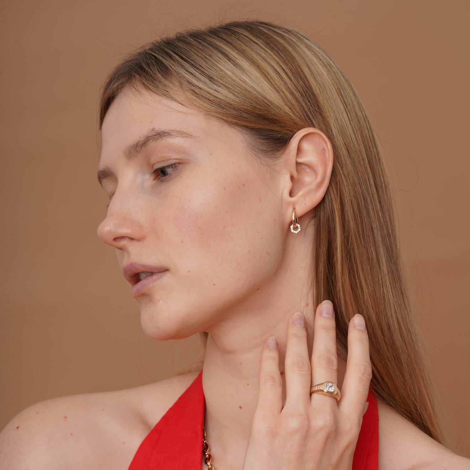 burren jewellery 18k gold plated hexagonal huggie earrings with cz stone detail 