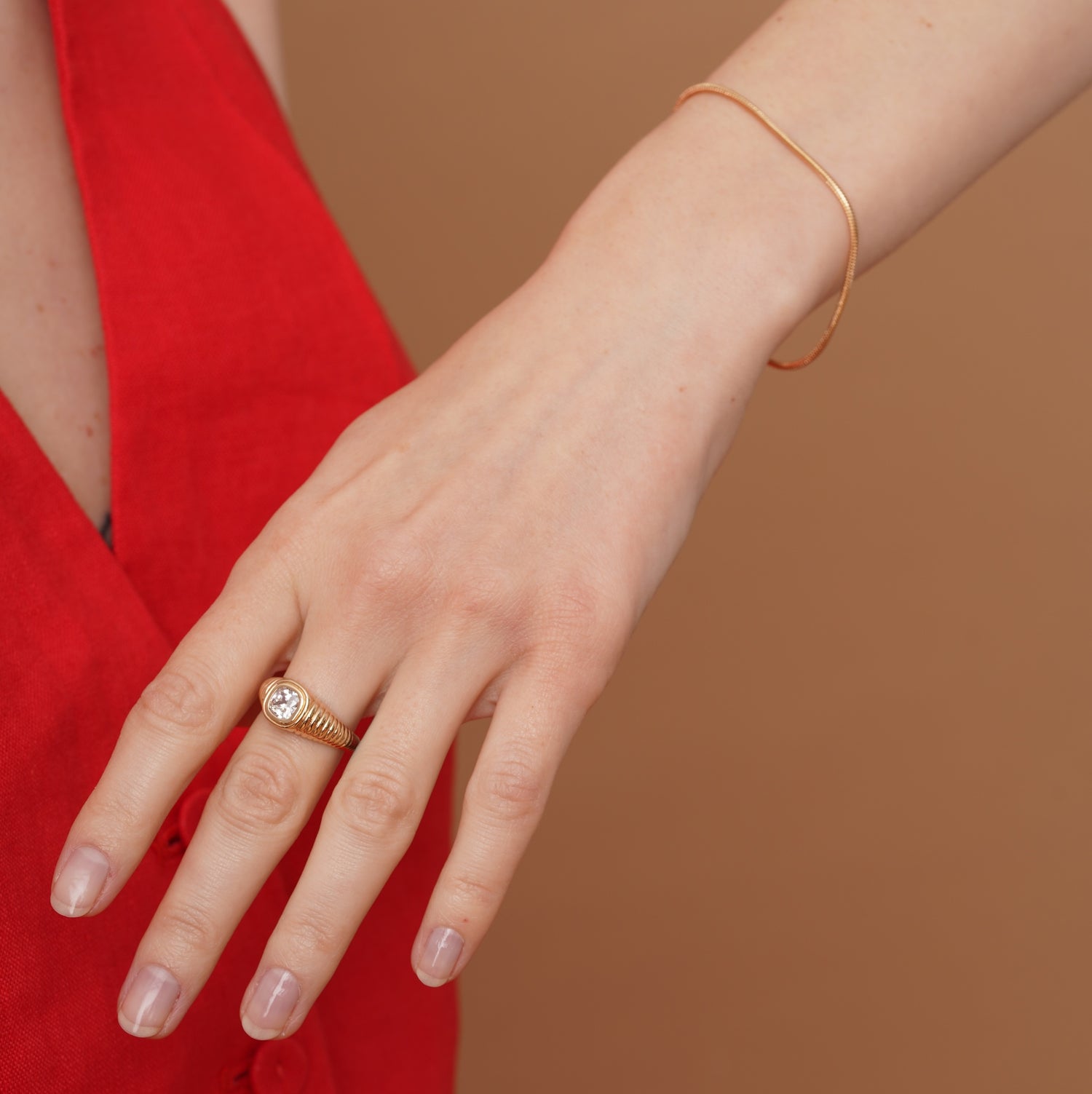burren jewellery 18k gold plated ribbed chunky ring with square cz stone 